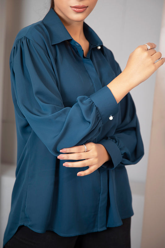 Showstopper Sea Blue Cherry georgette Shirt Women 1223 000279