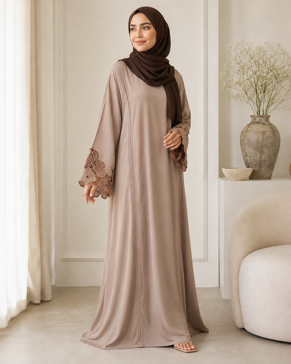 Hiba Cocoa Floral Cuff Abaya 0726 000554