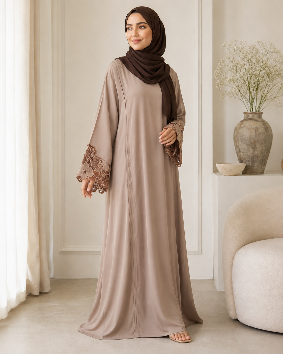 Hiba Cocoa Floral Cuff Abaya 0726 000554
