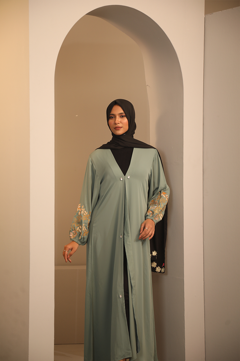 Hiba Bluish Grey Cherry Georgette Abaya Women 0224 000250 - showstopperbd.com