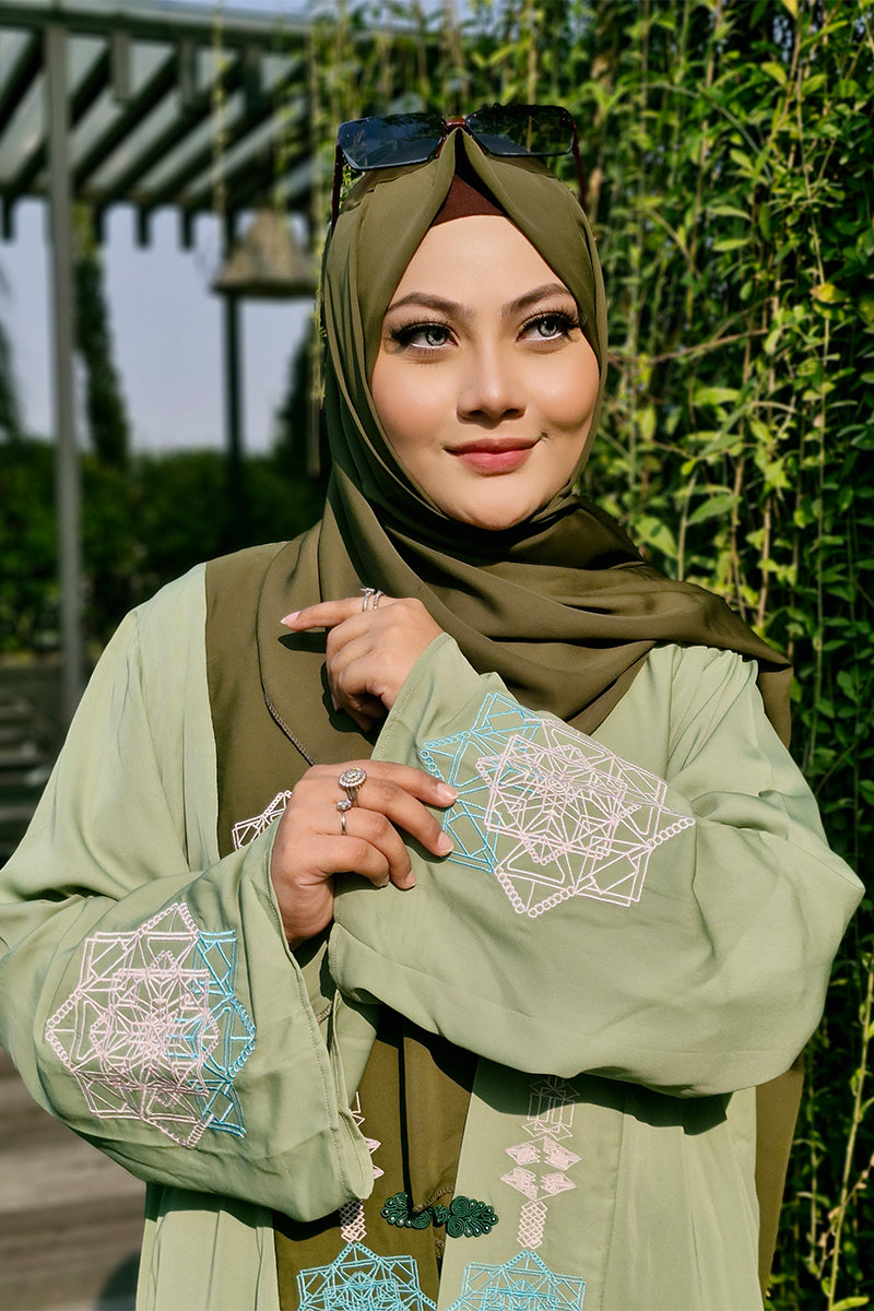 Hiba Light Olive Solid Fabric Abaya Women 0224 000259