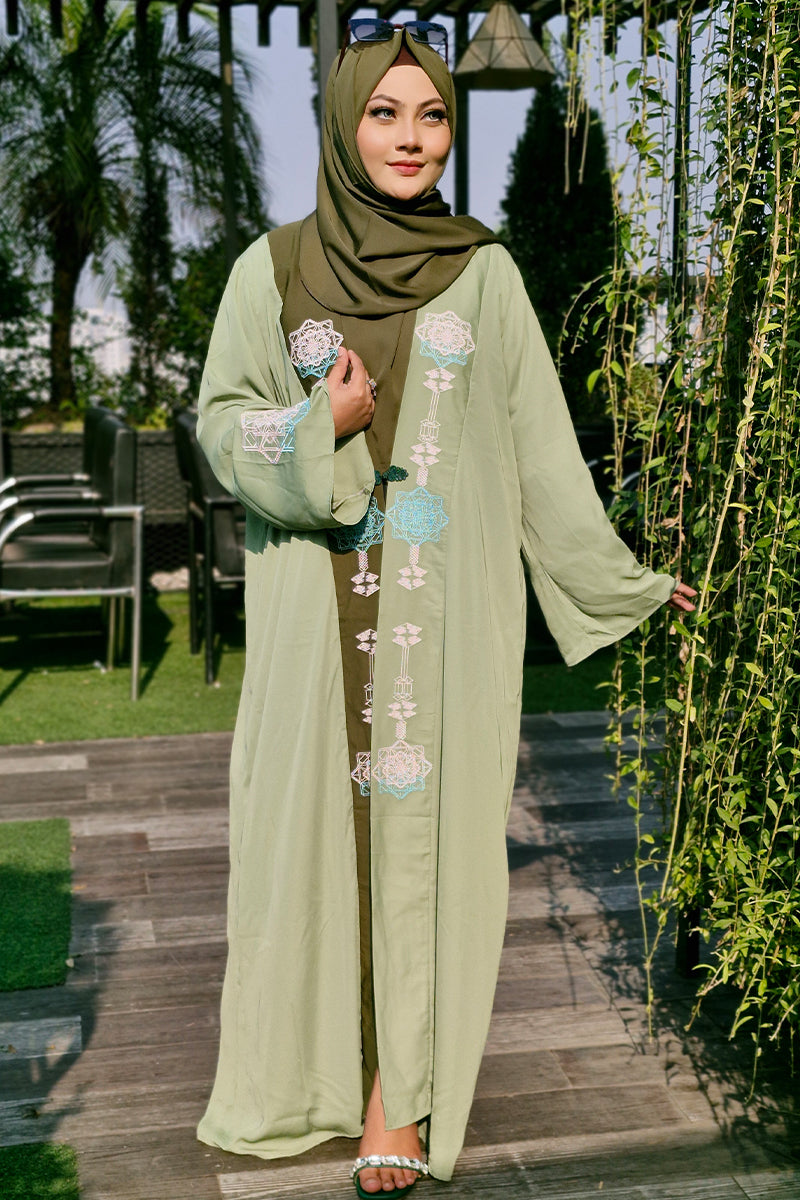 Hiba Light Olive Solid Fabric Abaya Women 0224 000259