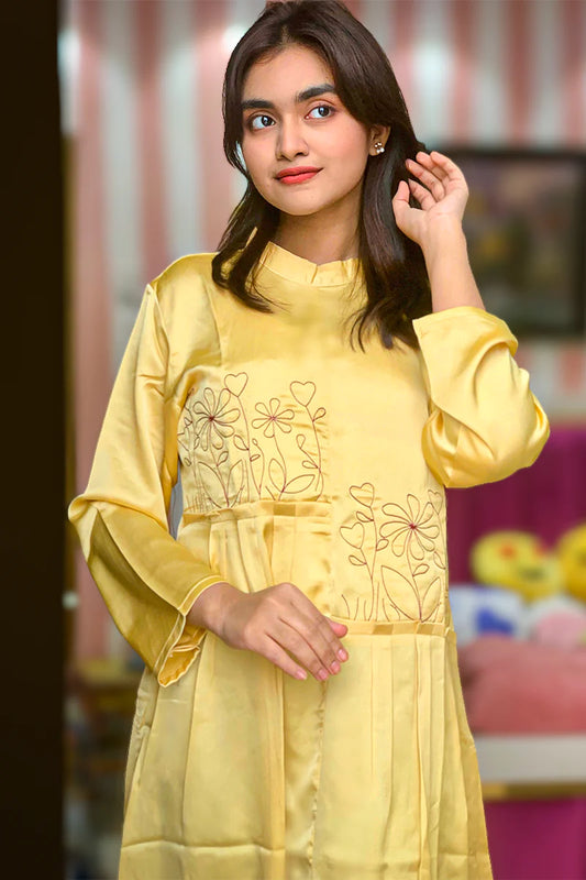 Showstopper Pale Yellow Crepe Silk Kurti Women 001