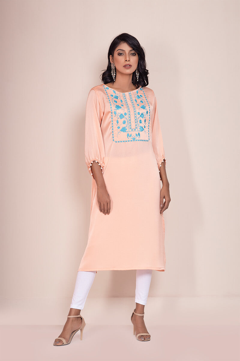 Showstopper Peach Crepe Silk Kurti Women 016