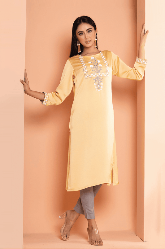 Showstopper Pale Yellow Crepe Silk Kurti Women M17