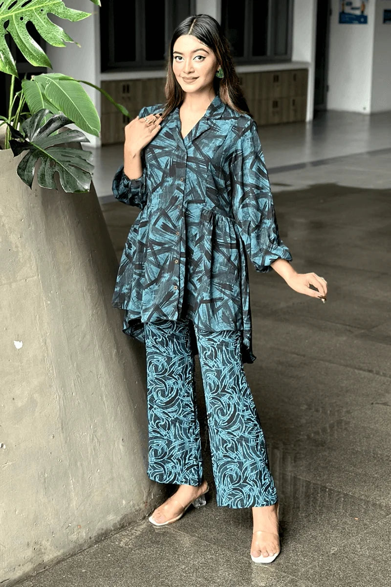 Showstopper Teal Brushstroke Loose Fitted Co-ord Set 0525 000388