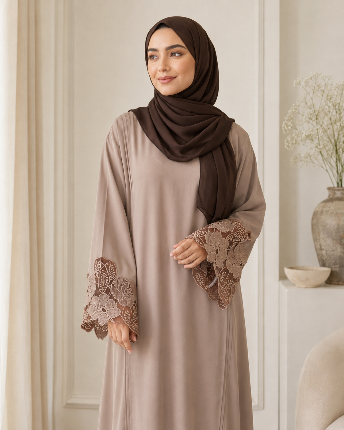 Hiba Cocoa Floral Cuff Abaya 0726 000554