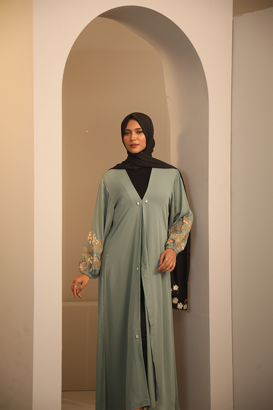 Hiba Bluish Grey Cherry Georgette Abaya Women 0224 000250 - showstopperbd.com