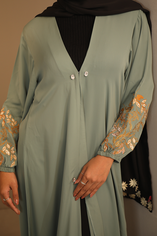Hiba Bluish Grey Cherry Georgette Abaya Women 0224 000250 - showstopperbd.com