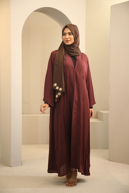 Hiba Deep Maroon Cherry Georgette Abaya Women 0224 000255 - showstopperbd.com