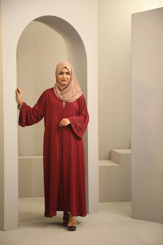 Hiba Maroon Cherry Georgette Abaya Women 0224 000262 - showstopperbd.com