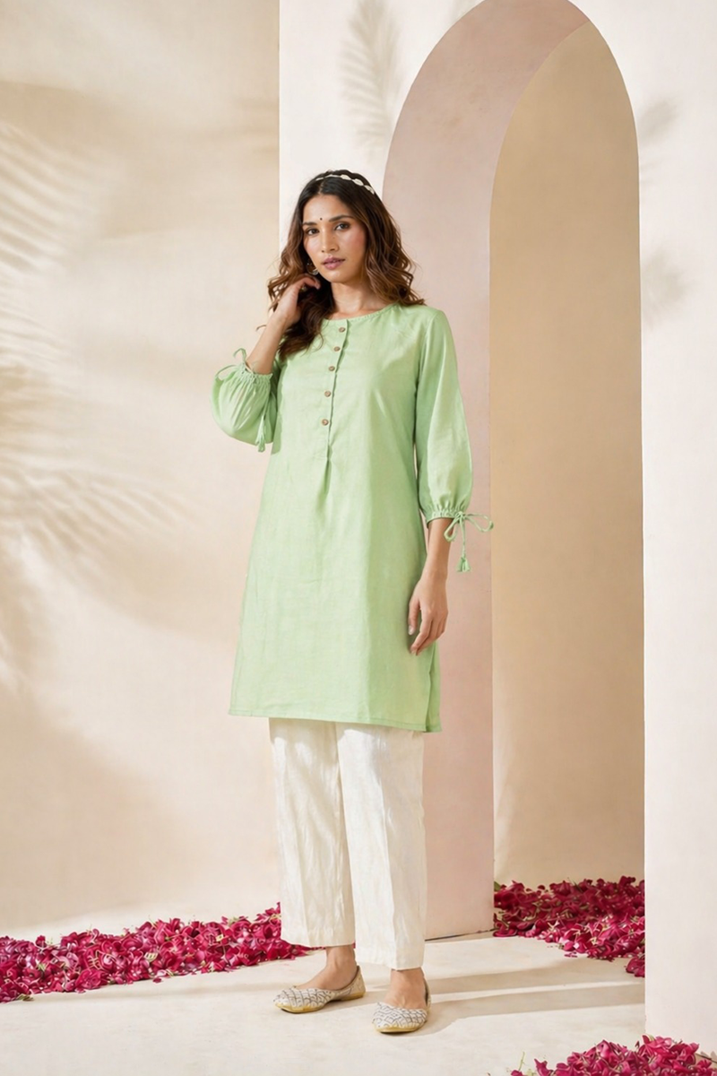 Showstopper Pastel Green Cherry Georgette Long Tops Women 0724 000325
