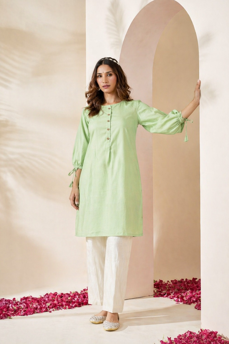 Showstopper Pastel Green Cherry Georgette Long Tops Women 0724 000325