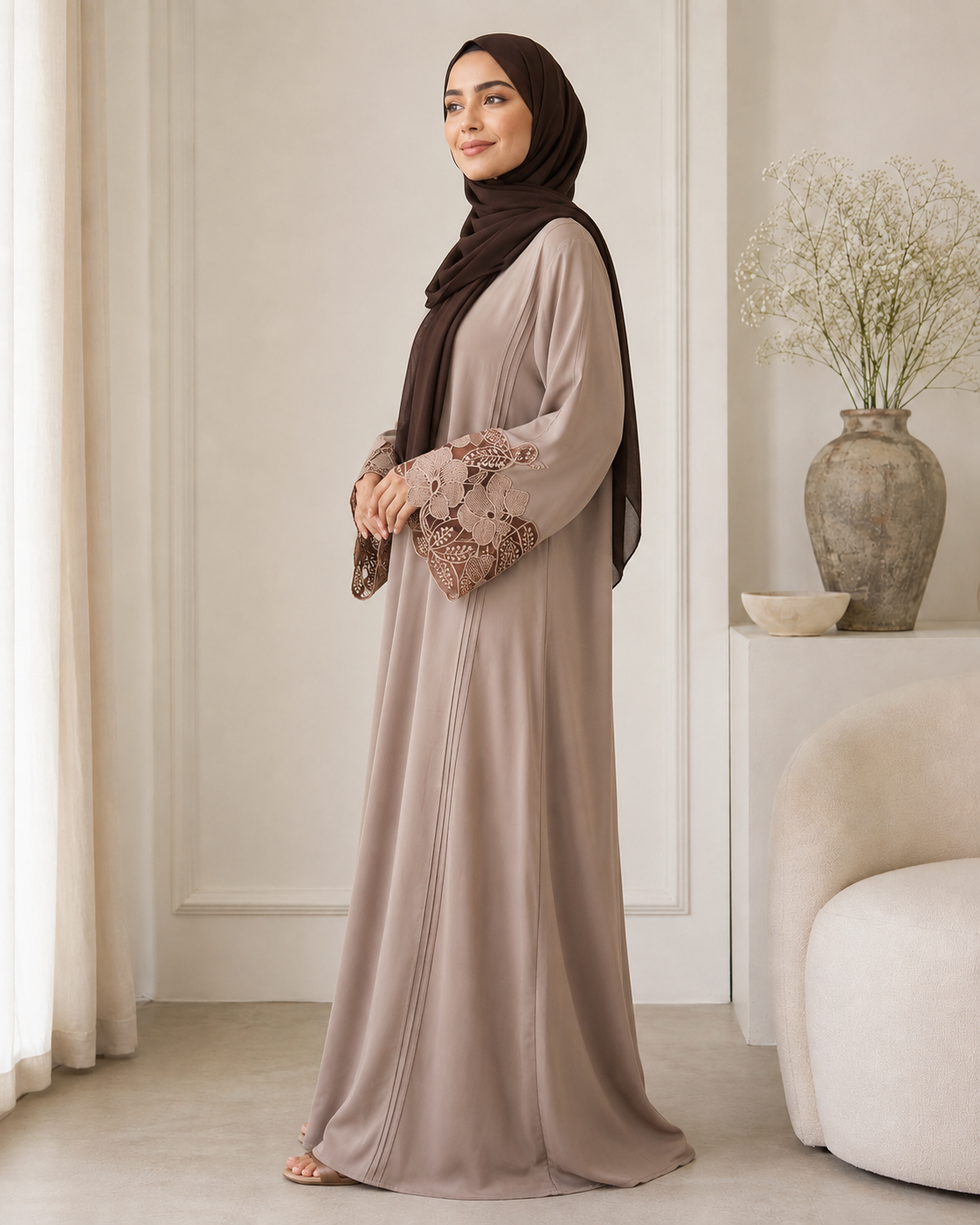 Hiba Cocoa Floral Cuff Abaya 0726 000554